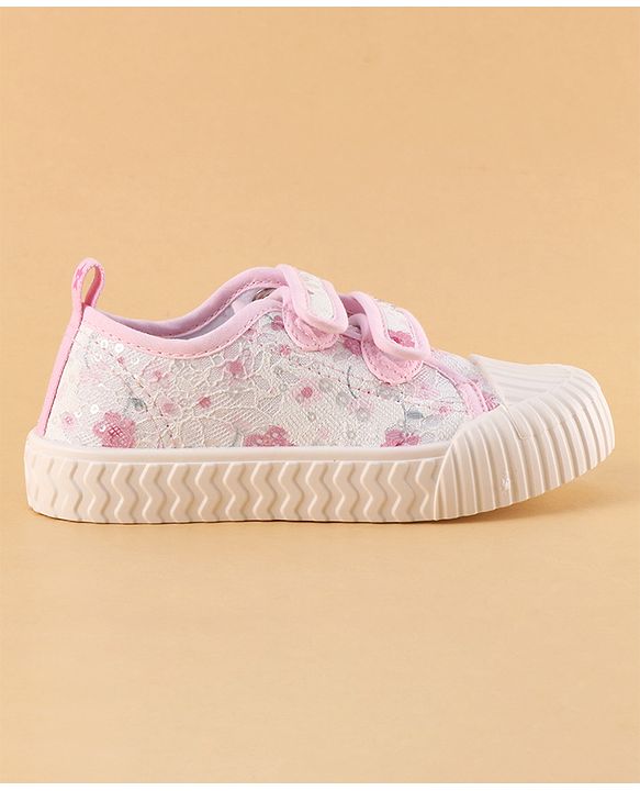 Cute Walk by Babyhug Velcro Closure Shoes with Floral Print & Sequin Detailing - Pink