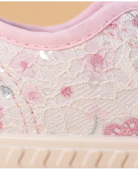 Cute Walk by Babyhug Velcro Closure Shoes with Floral Print & Sequin Detailing - Pink