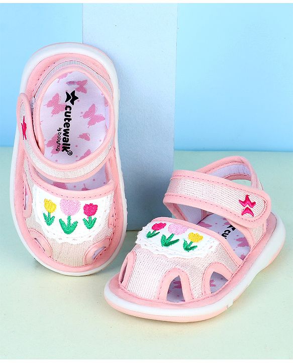 Cute Walk by Babyhug Velcro Closure Sandals With Floral Embroidery - Pink