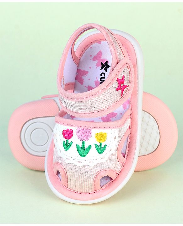 Cute Walk by Babyhug Velcro Closure Sandals With Floral Embroidery - Pink