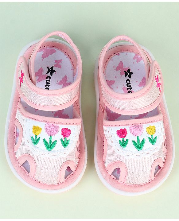 Cute Walk by Babyhug Velcro Closure Sandals With Floral Embroidery - Pink