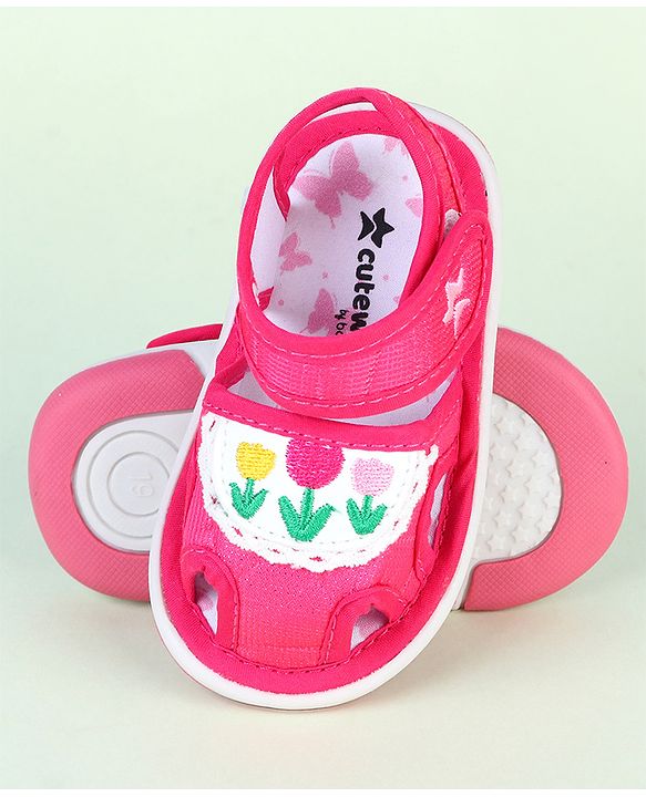 Cute Walk by Babyhug Velcro Closure Sandals With Floral Embroidery - Pink