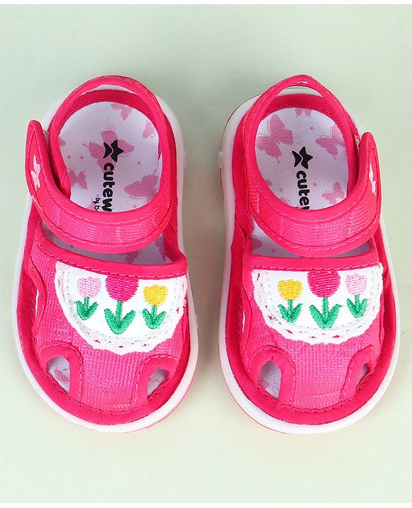 Cute Walk by Babyhug Velcro Closure Sandals With Floral Embroidery - Pink