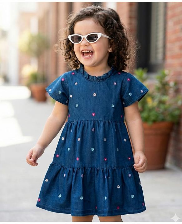 Babyhug Half Sleeves Denim Frock With Floral Embroidery - Blue