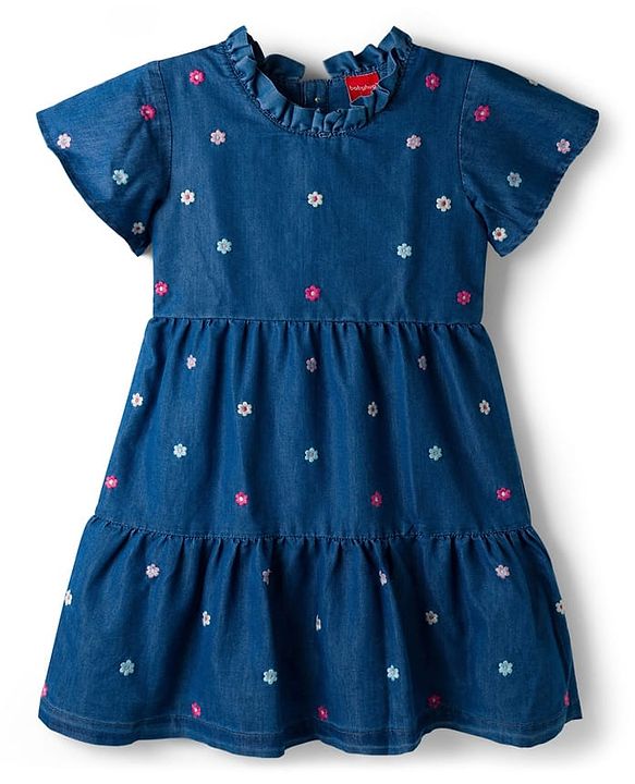 Babyhug Half Sleeves Denim Frock With Floral Embroidery - Blue