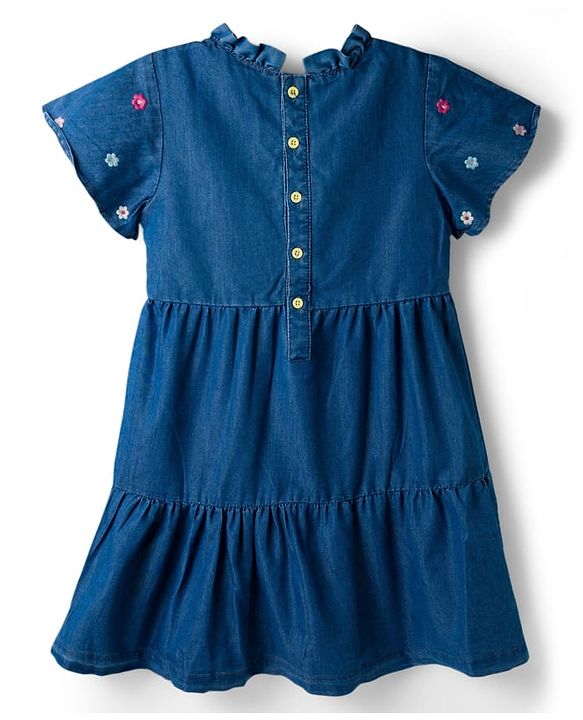 Babyhug Half Sleeves Denim Frock With Floral Embroidery - Blue