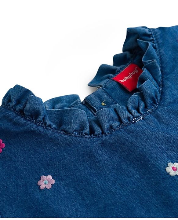 Babyhug Half Sleeves Denim Frock With Floral Embroidery - Blue