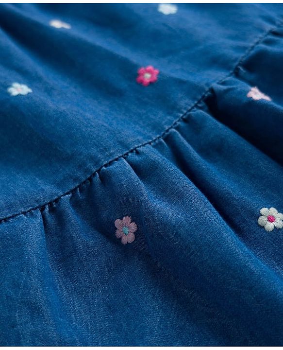 Babyhug Half Sleeves Denim Frock With Floral Embroidery - Blue