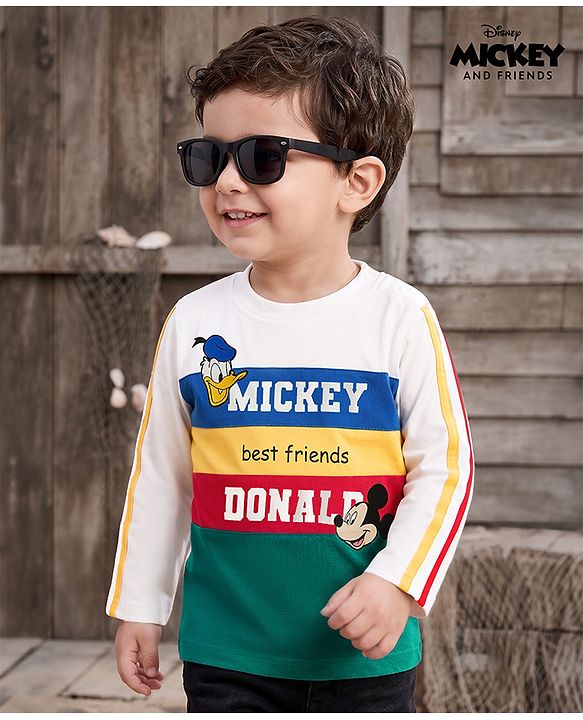 Babyhug Disney Single Jersey Knit Full Sleeves Cut & Sew T-Shirt with Mickey Mouse Graphic & Badge Detailing - Multicolor