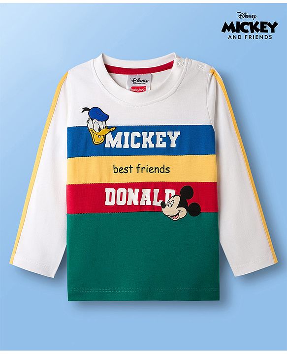 Babyhug Disney Single Jersey Knit Full Sleeves Cut & Sew T-Shirt with Mickey Mouse Graphic & Badge Detailing - Multicolor