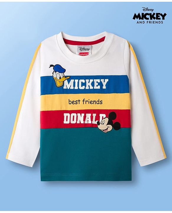 Babyhug Disney Single Jersey Knit Full Sleeves Cut & Sew T-Shirt with Mickey Mouse Graphic & Badge Detailing - Multicolor