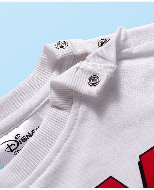 Babyhug Disney Terry Knit Full Sleeves Drop Shoulder T-Shirt & Track Pant with Minnie Mouse Graphics - White & Red