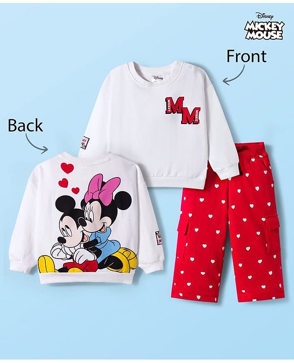 Babyhug Disney Terry Knit Full Sleeves Drop Shoulder T-Shirt & Track Pant with Minnie Mouse Graphics - White & Red