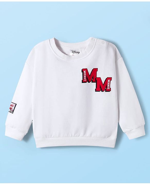 Babyhug Disney Terry Knit Full Sleeves Drop Shoulder T-Shirt & Track Pant with Minnie Mouse Graphics - White & Red