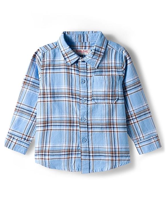 Babyhug Cotton Woven Full Sleeves Checkered Shirt & Pant Set - Blue & Khaki