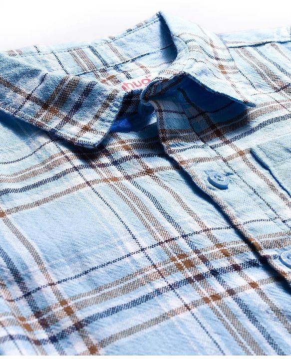 Babyhug Cotton Woven Full Sleeves Checkered Shirt & Pant Set - Blue & Khaki