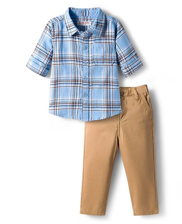 Babyhug Cotton Woven Full Sleeves Checkered Shirt & Pant Set - Blue & Khaki