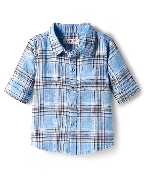 Babyhug Cotton Woven Full Sleeves Checkered Shirt & Pant Set - Blue & Khaki
