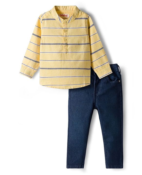 Babyhug Cotton Woven Full Sleeves Kurta Style Striped Shirt & Denim Jeans Set - Yellow & Blue