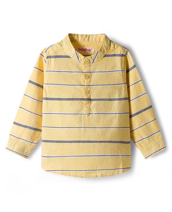 Babyhug Cotton Woven Full Sleeves Kurta Style Striped Shirt & Denim Jeans Set - Yellow & Blue