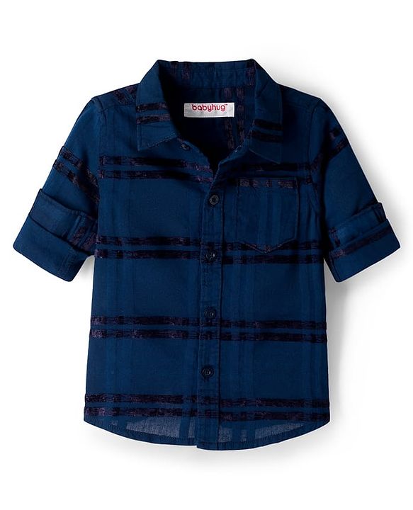 Babyhug Cotton Woven Full Sleeves Checkered Shirt & Trouser Set - Navy Blue