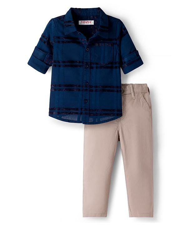 Babyhug Cotton Woven Full Sleeves Checkered Shirt & Trouser Set - Navy Blue
