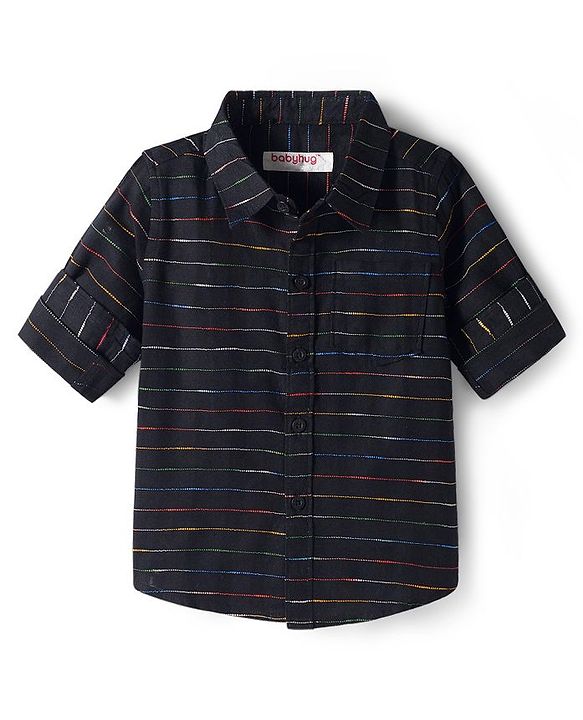 Babyhug Cotton Woven Full Sleeves Striped Shirt & Trouser Set - Black