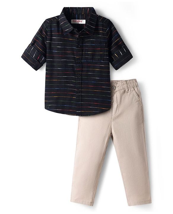 Babyhug Cotton Woven Full Sleeves Striped Shirt & Trouser Set - Black