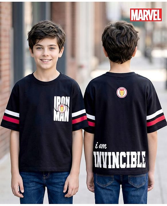 Pine Kids Marvel Single Jersey Knit Drop Shoulder Half Sleeves T-Shirt with Front & Back Iron Man Graphic - Black