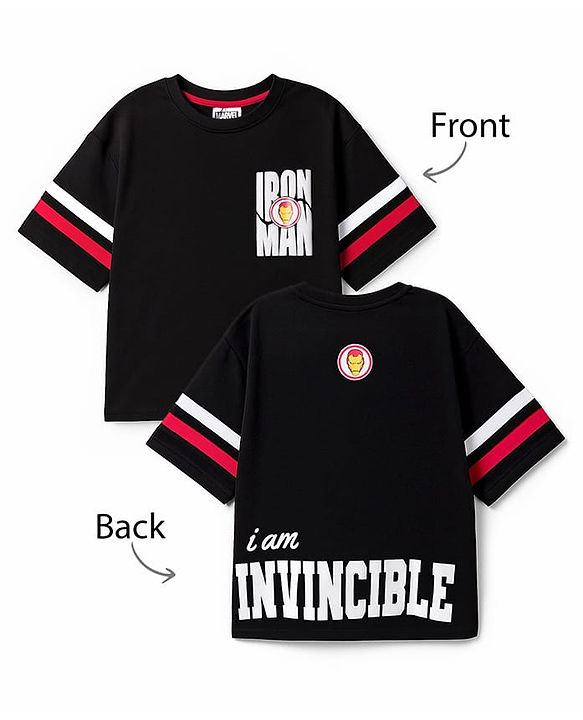 Pine Kids Marvel Single Jersey Knit Drop Shoulder Half Sleeves T-Shirt with Front & Back Iron Man Graphic - Black