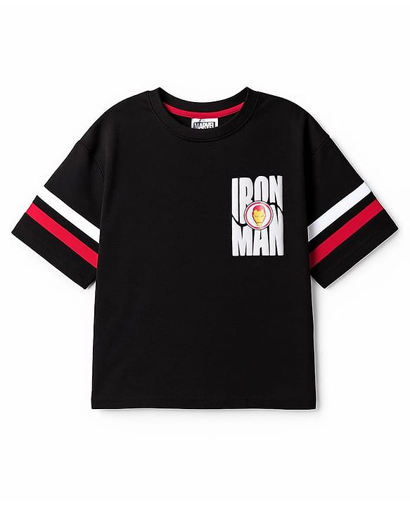 Pine Kids Marvel Single Jersey Knit Drop Shoulder Half Sleeves T-Shirt with Front & Back Iron Man Graphic - Black