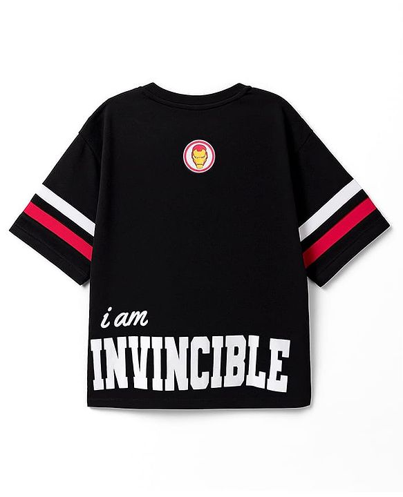 Pine Kids Marvel Single Jersey Knit Drop Shoulder Half Sleeves T-Shirt with Front & Back Iron Man Graphic - Black