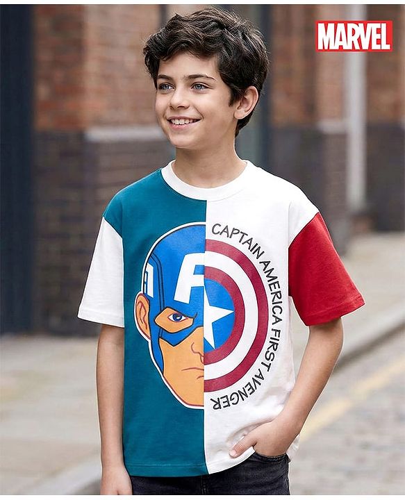 Pine Kids Marvel Single Jersey Knit Drop Shoulder Half Sleeves T-Shirt with Captain America Graphic - Multicolor