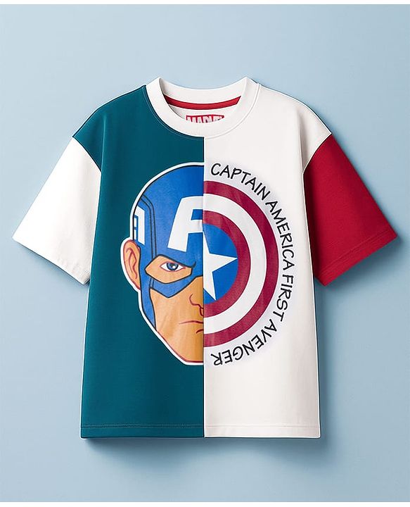 Pine Kids Marvel Single Jersey Knit Drop Shoulder Half Sleeves T-Shirt with Captain America Graphic - Multicolor
