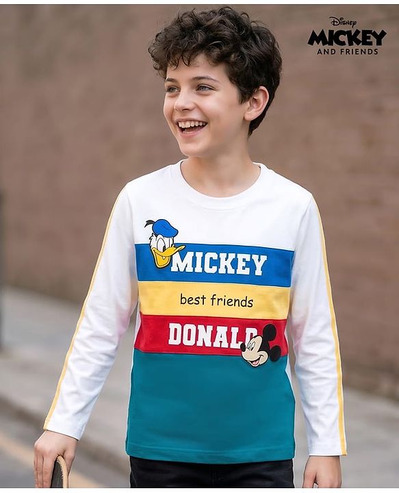 Pine Kids Disney Single Jersey Knit Full Sleeves Cut & Sew T-Shirt with Mickey Mouse Graphic & Badge Detailing - Multicolor