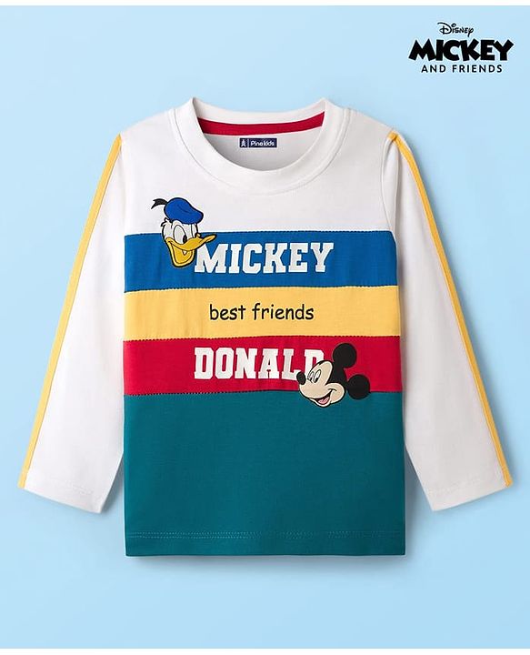 Pine Kids Disney Single Jersey Knit Full Sleeves Cut & Sew T-Shirt with Mickey Mouse Graphic & Badge Detailing - Multicolor