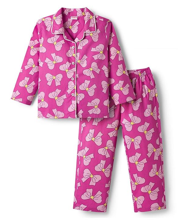 Babyhug Cotton Woven Full Sleeves Front Open Co-ords Night Suit with Bow Print- Pink
