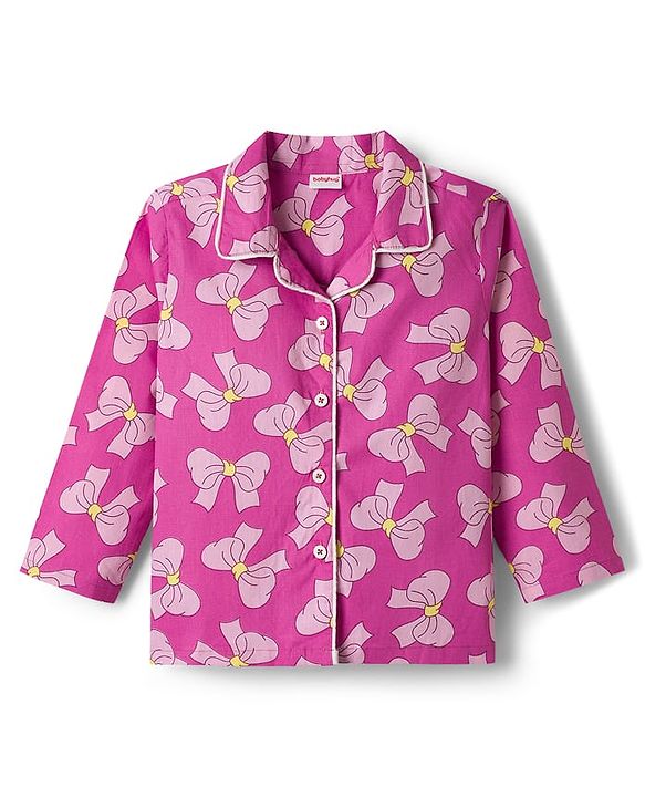 Babyhug Cotton Woven Full Sleeves Front Open Co-ords Night Suit with Bow Print- Pink