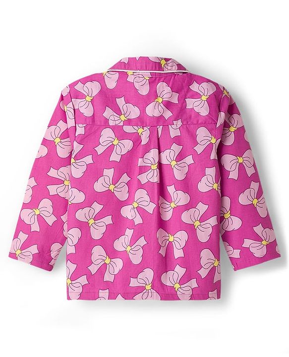 Babyhug Cotton Woven Full Sleeves Front Open Co-ords Night Suit with Bow Print- Pink