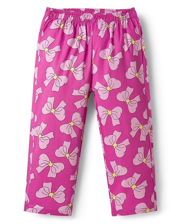 Babyhug Cotton Woven Full Sleeves Front Open Co-ords Night Suit with Bow Print- Pink
