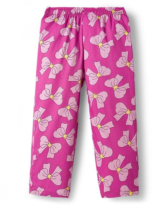 Babyhug Cotton Woven Full Sleeves Front Open Co-ords Night Suit with Bow Print- Pink