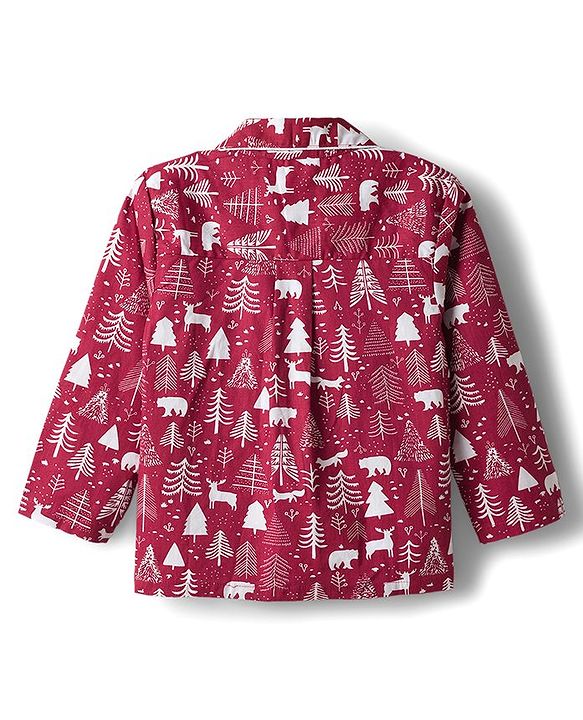 Babyhug Cotton Woven Full Sleeves Co-ords Night Suit With  Tree Print - Maroon