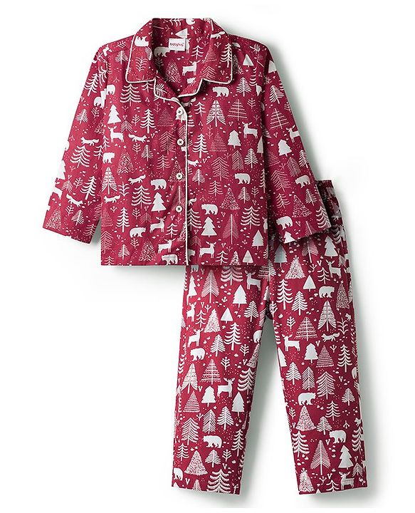 Babyhug Cotton Woven Full Sleeves Co-ords Night Suit With  Tree Print - Maroon