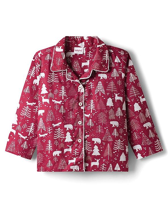 Babyhug Cotton Woven Full Sleeves Co-ords Night Suit With  Tree Print - Maroon