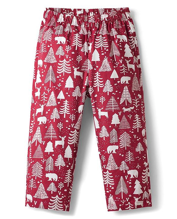 Babyhug Cotton Woven Full Sleeves Co-ords Night Suit With  Tree Print - Maroon