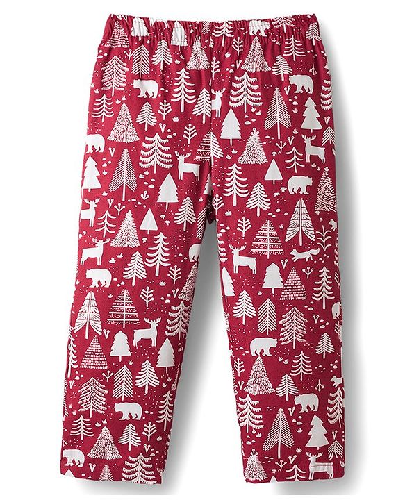 Babyhug Cotton Woven Full Sleeves Co-ords Night Suit With  Tree Print - Maroon