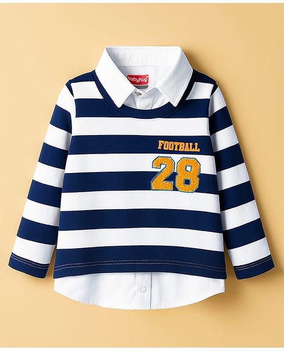 Babyhug 100% Cotton Knit Full Sleeves Polo T-Shirt with Stripes - Navy Blue & White