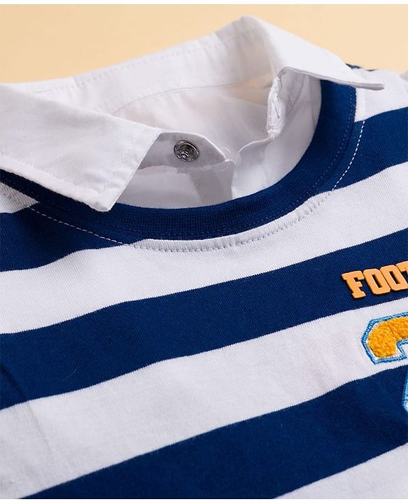 Babyhug 100% Cotton Knit Full Sleeves Polo T-Shirt with Stripes - Navy Blue & White