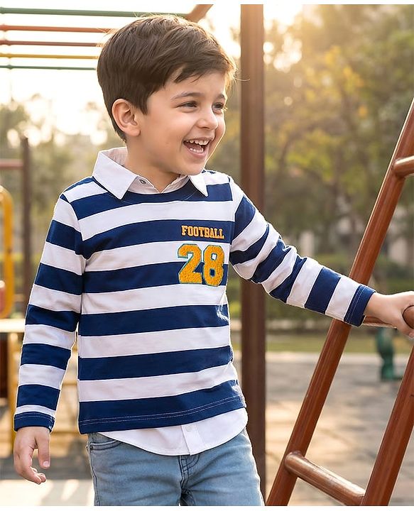 Babyhug 100% Cotton Knit Full Sleeves Polo T-Shirt with Stripes - Navy Blue & White