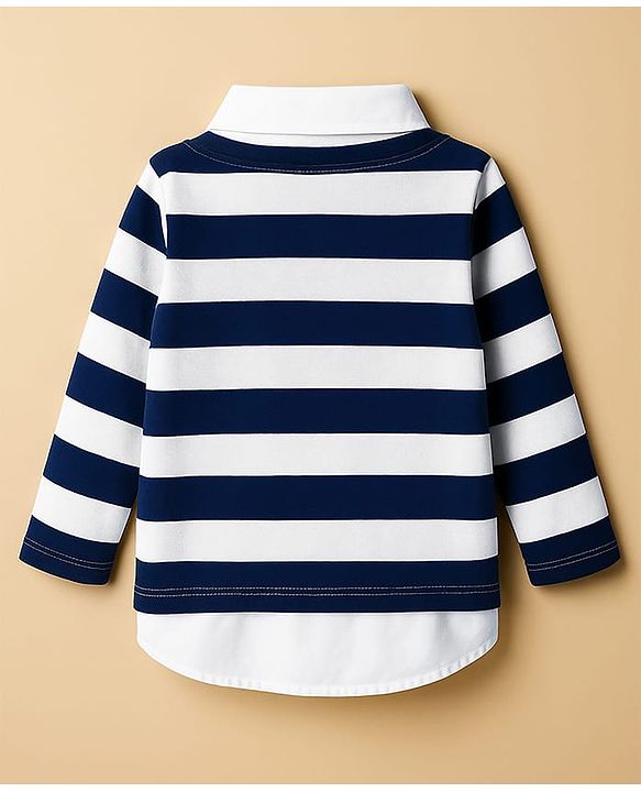 Babyhug 100% Cotton Knit Full Sleeves Polo T-Shirt with Stripes - Navy Blue & White